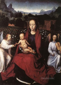 Hans Memling Painting - Virgin and Child in a Rose Garden with Two Angels 1480s Netherlandish Hans Memling